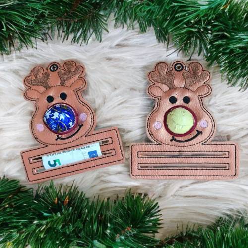 Rentier GeldgesRentier Geldgeschenk Halter mit Schoki chenk Halter mit Schoki – Kunstleder bestickt – Weihnachtsgeschenk