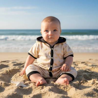 Sommer Babyoverall Krabben aus Sweat unisex I Kinderspielanzug Kurzarm neutrales Design I Einteiler Baby kurz mit Kapuze