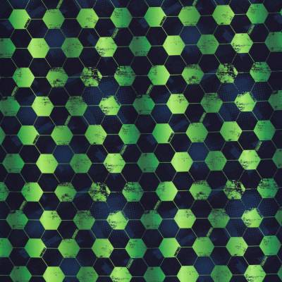 Baumwoll Webware Fußball Hexagon-Elementen – Hochwertiger Baumwollstoff dunkelblau/kiwigrün
