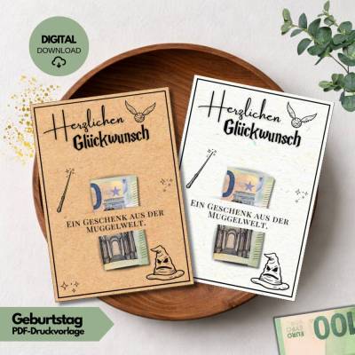 Magisches Geldgeschenk Druckvorlage, Harry Potter inspiriert Muggel Karte DIN A4 PDF lustiger Glückwunsch zum Ausdrucken