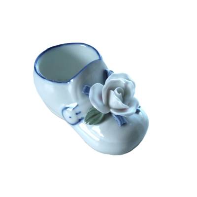 Vintage Porzellanschuh 80er Babyschuhe Vase Dekoschuh Weiß Blau Minivase Geschenk zur Geburt
