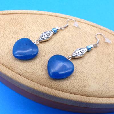 Ohrhänger Herz, Steinperlen, 6,5 cm, petrolblau silber, Ohrringe, Herzohrringe, Ohrschmuck