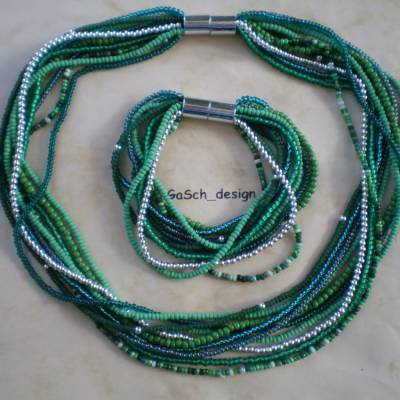Set * Fädelkette und Armband * Strippenzieher in dunkelgrün silberfarben