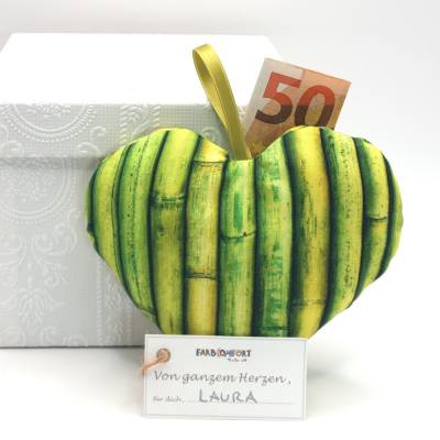 geld geschenk verpackung stoff herz genäht für gutschein mitbringsel dekoherz zum aufhängen grün personalisierbar