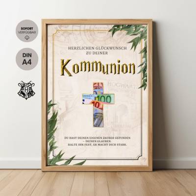Geldgeschenk Kommunion Geldkarte | Harry-Potter-Stil | A4 Vorlage zum Ausdrucken | DIY Poster Hogwarts Deko Idee, Sofort