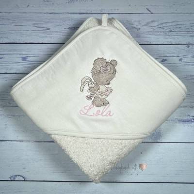 Personalisiertes Kapuzenhandtuch mit Teddy & Wunschname – Besticktes Babyhandtuch in vielen Farben – Geschenk zur Geburt