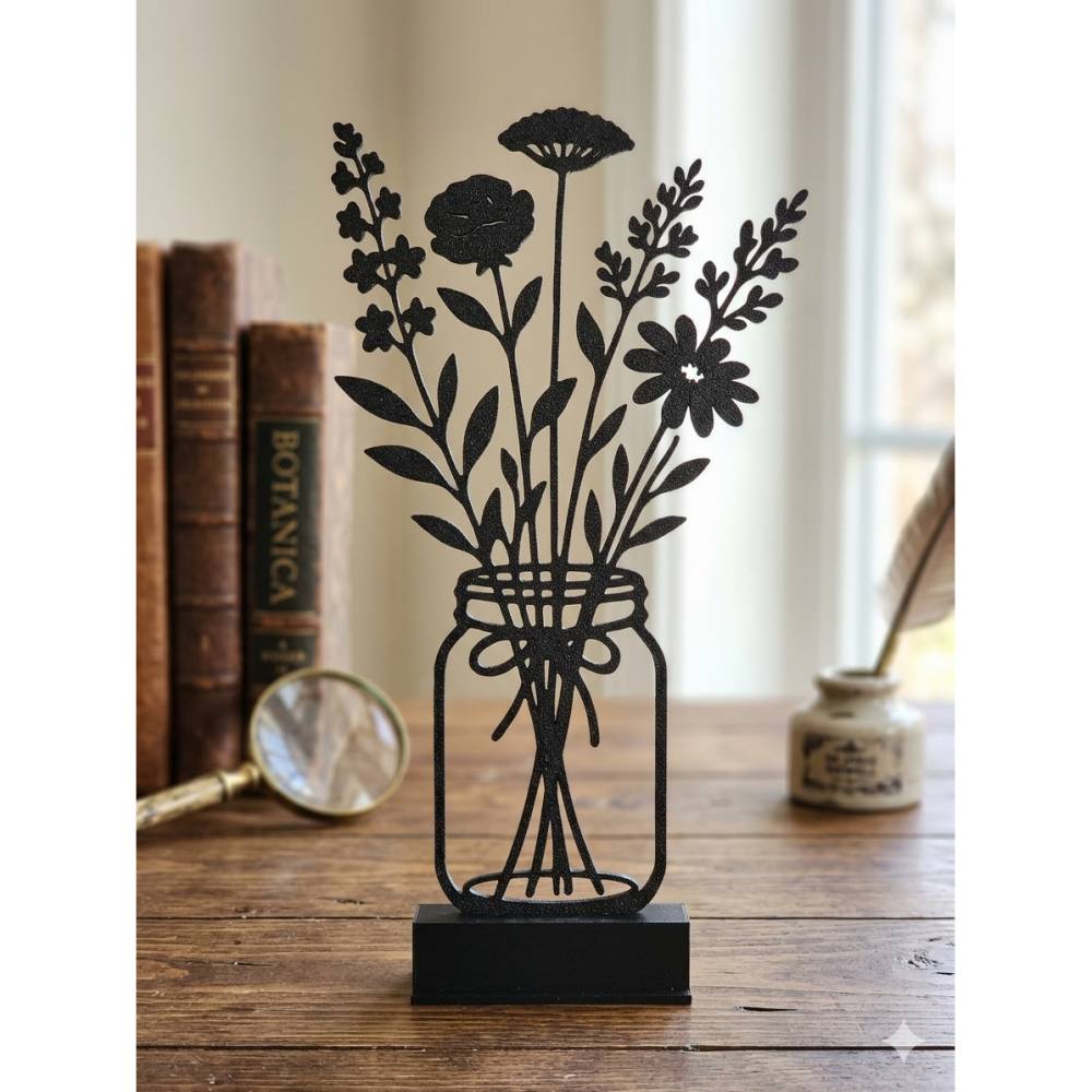 3D Druck Blumenstrauß in Vase – Elegante Wohndeko Schwarz/Weiß – Florale Tischdeko modern – Geschenkidee – 15, 20, 25 cm