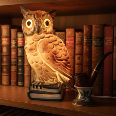 Vintage Rauchverzehrer Eule auf Büchern – Porzellan Tischlampe mit Glasaugen & Duftöl-Reservoir