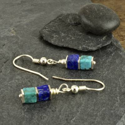 Würfelohrringe aus 925er Silber, Lapislazuli und Türkis - zarte  Hängeohrringe Schmuck Edelsteinohrringe Quadrat eckig