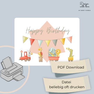 Tier-Express Geburtstagskarte | Druckbare DIY-Karte für Kinder mit süßem Zug-Motiv