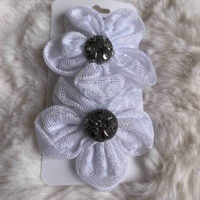 2x Handgefertigte Blumen-Haarspangen Weiß 5 cm mit Zierknopf – Eleganter Haarschmuck Hochzeit & Festtage