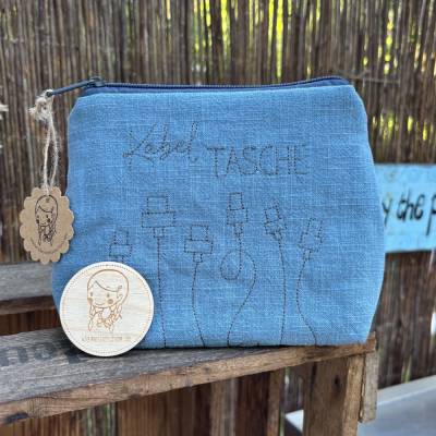 Kabeltasche aus Leinen – praktische Aufbewahrung für Kabel & Krimskrams in grünblau, ideal für Urlaub & Camping