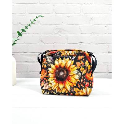 Projekttasche Sonnenblume & Herbstlaub | Kleiner Strickbeutel für 100g Wolle | Handarbeitsbeutel mit Kordelzug