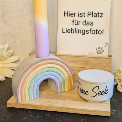 Gedenkdekoration Haustier | Regenbogenbrücke Fotohalter Holz, Kerzenhalter, Erinnerungsdose Armband | personalisiert
