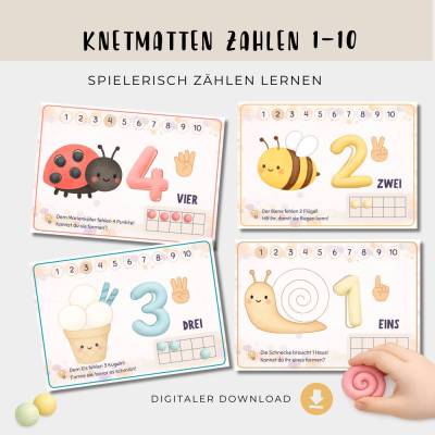 Zahlen lernen für Vorschule & Kindergarten,  Lernmaterial Knetmatte Zahlen 1 bis 10, PDF Vorlage