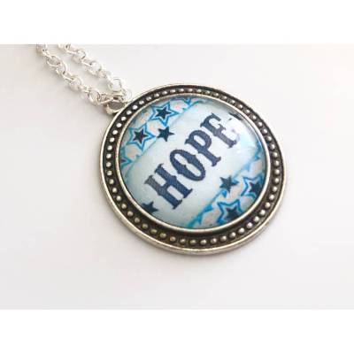 Cabochon Anhänger, "HOPE", blau, weiss, 38mm