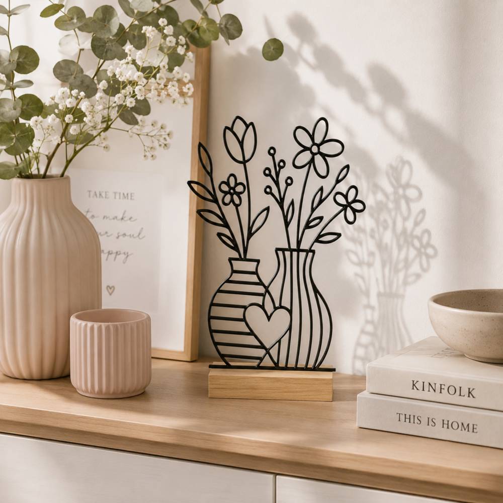 Line Art Blumen Aufsteller | Moderne Deko | 3D Druck Regaldeko Wildblumen in Vase