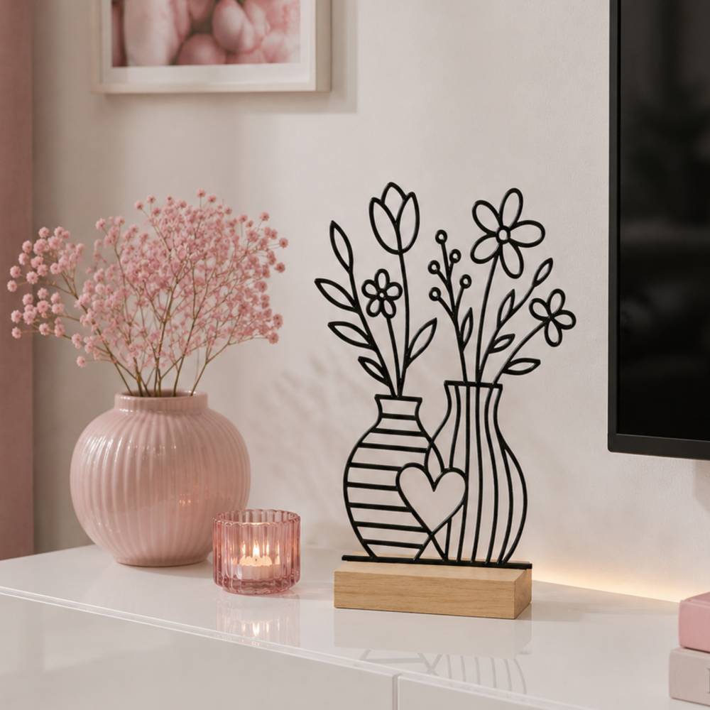 Line Art Blumen Aufsteller | Moderne Deko | 3D Druck Regaldeko Wildblumen in Vase