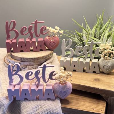 Deko Schriftzug „Beste Mama“ mit Herz aus 3D Druck, Muttertagsgeschenk Geburtstag
