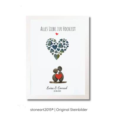 Steinbild Hochzeit Geldgeschenk personalisiert, Kieselsteinbild Brautpaar Herzen, Hochzeitsgeschenk, Wunscherfüller