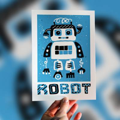 Retro Roboter - Handgedruckter Siebdruck