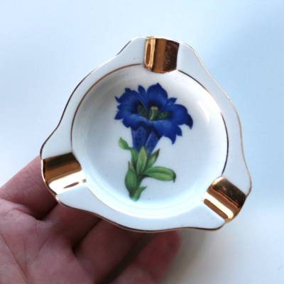 Vintage Mini Aschenbecher Plankenhammer Floss Bavaria blaue Blume Porzellanteller Goldrand Schmuckteller Ascher