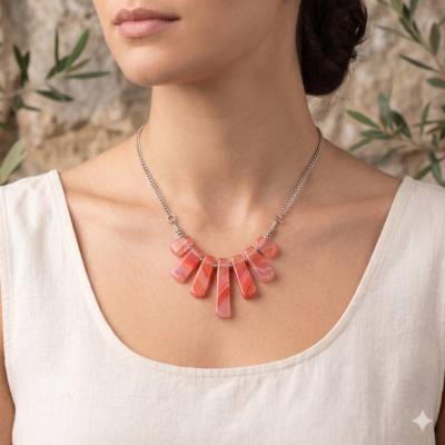 Kette mit Kirschquarz und Edelstahl – Einzigartiges Collier, handgefertigt, 48 cm
