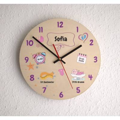 Personalisierte Wanduhr Baby Geburt Geschenk mit Name & Geburtsdaten Kinderzimmer Uhr Holz Geschenk Taufe Junge Mädchen
