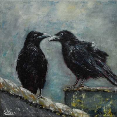 Original Ölgemälde, Krähenpaar, Unikat, handgemalt, 25 x 25 cm