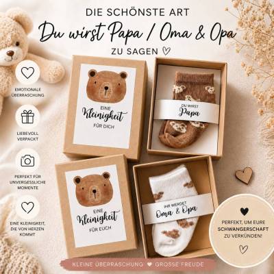 Schwangerschaft verkünden Geschenkbox „Bär“ - Du wirst Papa / Oma & Opa / Tante / Onkel – Babysocken Geschenk – Baby –