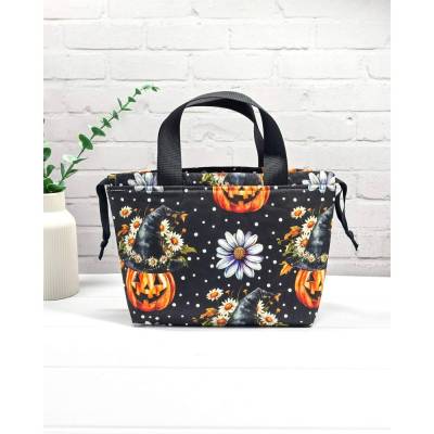 Halloween Projekttasche Witchy Pumpkin | Stricktasche mit Henkeln & Kordelzug | Kürbis & Hexenhut | Beutel für Wolle