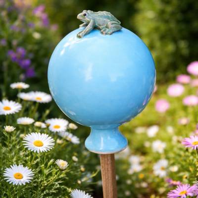 Rosenkugel mit Frosch aus Keramik, Beetstecker, Gartenkeramik, Rosenkugel für Stab