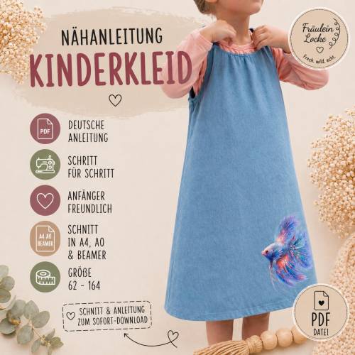 SCHNITTMUSTER Kinder Kleid 62 164 – Webware Kleid mit Kellerfalte und Knoepfen – Einfach zu naehen – A4 A0 Beamer – Digi