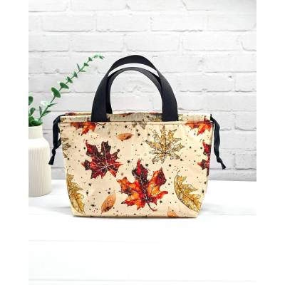 Herbst Projekttasche Golden Leaves | Stricktasche mit Henkeln & Kordelzug | Ahornblätter Design | Beutel für Wolle
