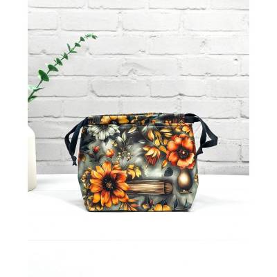 Projekttasche Vintage Dahlie & Buch | Kleiner Handarbeitsbeutel für 100g Wolle | Stricktasche Herbst mit Kordelzug