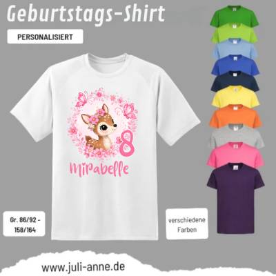Personalisiertes Shirt GEBURTSTAG Zahl & Name personalisiert Reh Blumenkranz