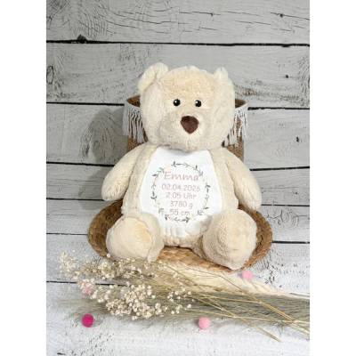 Kuscheltier Teddy Plüschtier mit Namen und Geburtsdaten Blütenkranz Blumenkranz Geschenk Geburt Taufe personalisiert