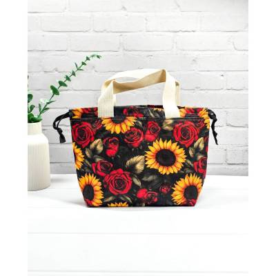 Projekttasche Roses & Sunflowers | Stricktasche mit Henkeln & Kordelzug | Rosen & Sonnenblumen | Beutel für Wolle