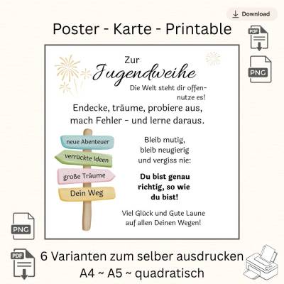 Jugendweihe Spruch PDF PNG zum Selbstausdrucken – Digitale Datei in 6 Varianten (A4, A5, quadratisch) – Sofort-Download