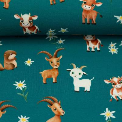 Jersey Petrol mit Kuh Steinbock Ziege Edelweiss Alpen Swafing Alpenliebe Mrs. Mint 50 x 150 cm ♕