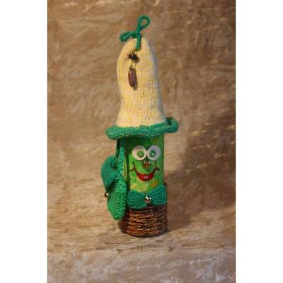 Geldgeschenk Dekofigur TASCHENWICHTEL Weihnachtswichtel witzige Upcyclingfigur aus Weinflasche, gestrickte Accessoires