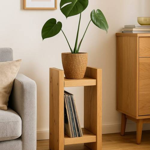 Blumentopfständer & Vinyl-Regal aus rustikaler Eiche – handgefertig