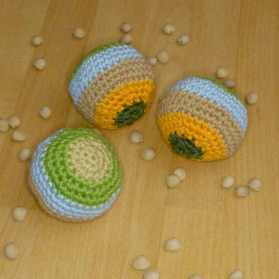 3 Jonglierbälle, gehäkelt, beige-blau-grün-orange, Baumwolle, Handarbeit