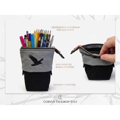 Pop-up Stiftehalter aus Canvas, Schwarz & Grau mit Rabenstickerei