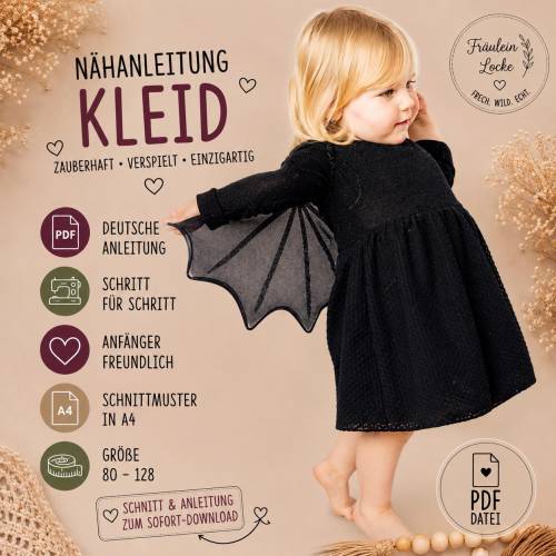 SCHNITTMUSTER Kleid Kinder 80-128 | Ballonkleid A-Linie | Mädchenkleid nähen | PDF A4 | Bubikragen, Knopfleiste, Reißver