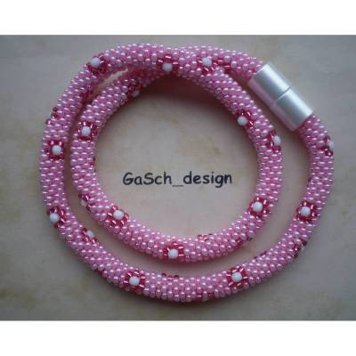 Häkelkette, gehäkelte Perlenkette * Rosa Blümchenwiese