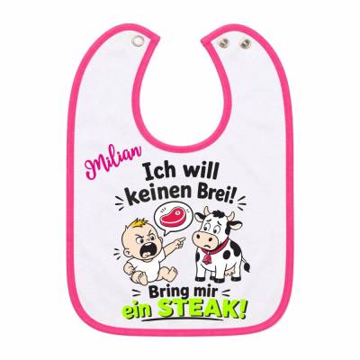 Baby Lätzchen mit farbigen Saum BRING MIR EIN STEAK personalisiert mit dem Namen