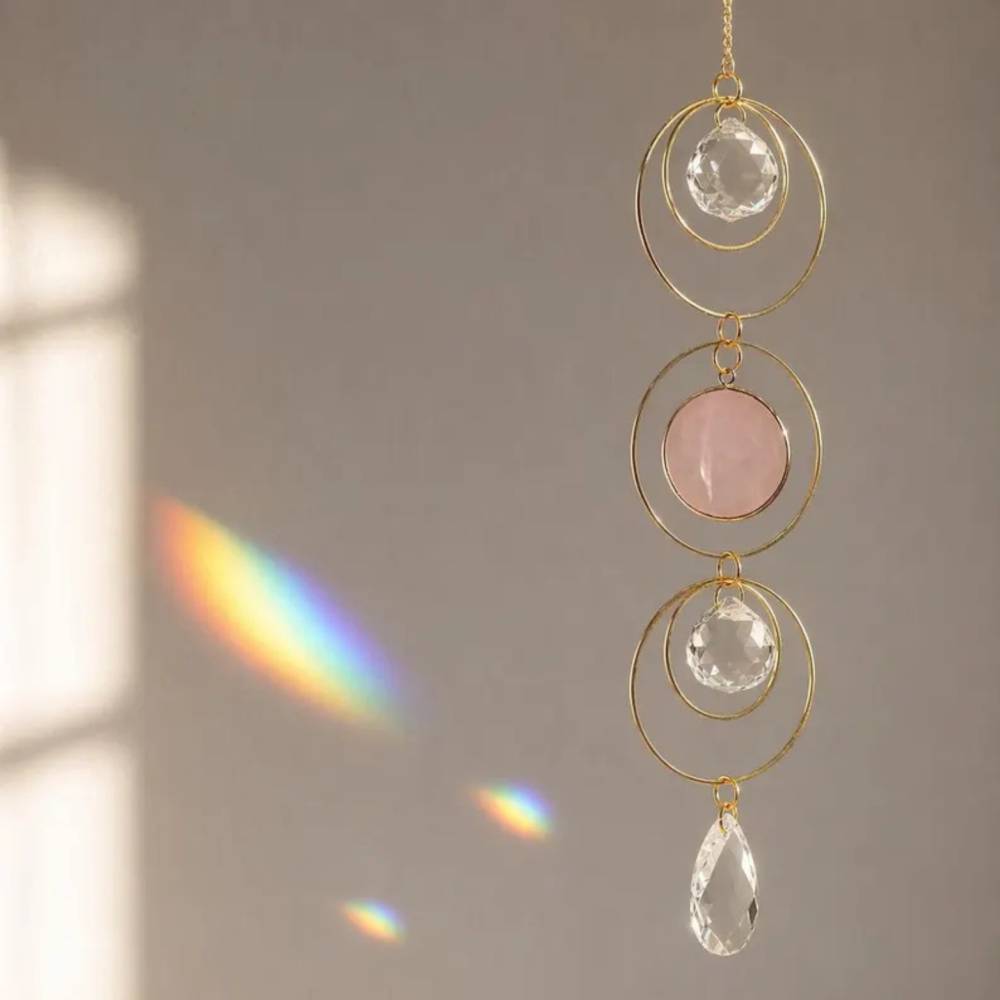 Rosenquarz Sonnenfänger • Rosenquarz Suncatcher Fensterdeko • Kristall Dekoration & Geschenkidee Bild 1