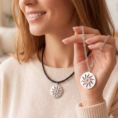 Edelstahlkette mit Sonnenanhänger im Tribal-Stil – Unisex Kette aus Edelstahl oder Rindsleder