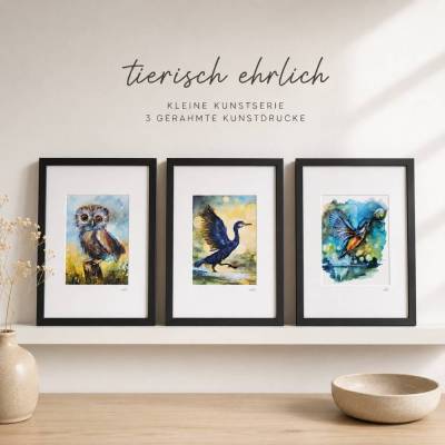 Vogelserie „tierisch ehrlich“ – 3 farbenfrohe Aquarell-Kunstdrucke gerahmt | Eisvogel, Eule & Kormoran